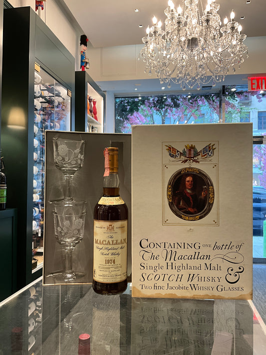 Macallan 1974 18yo Gift Set Two Jacobite Whisky Glasses 70cl 43%abv